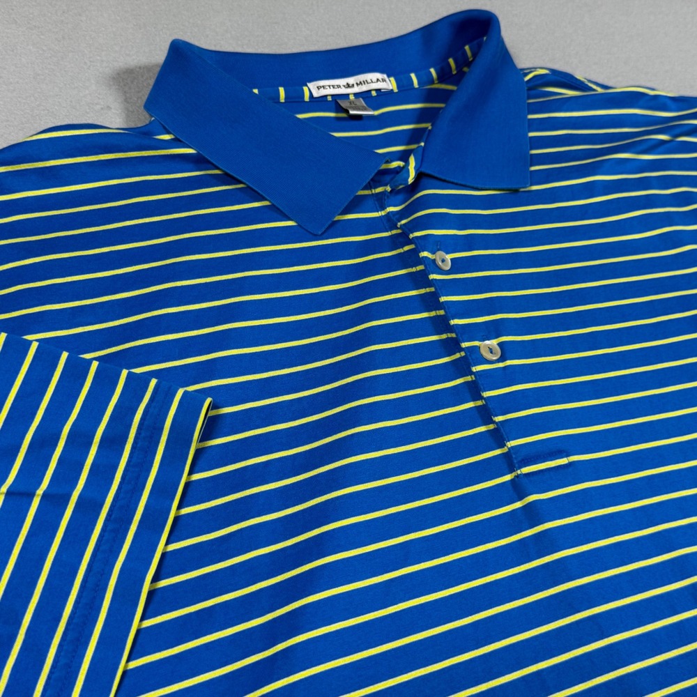 Peter Millar Mens Blue Yellow Striped Short Sleeve Polo Shirt XL